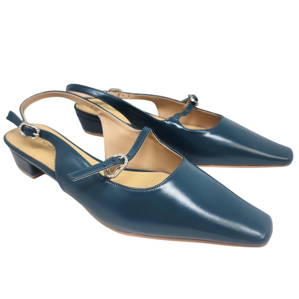 C.Paravano Teal Leather Slingback Mary Jane Block Heel Pumps Womens Size 8 NEW - Picture 2 of 12